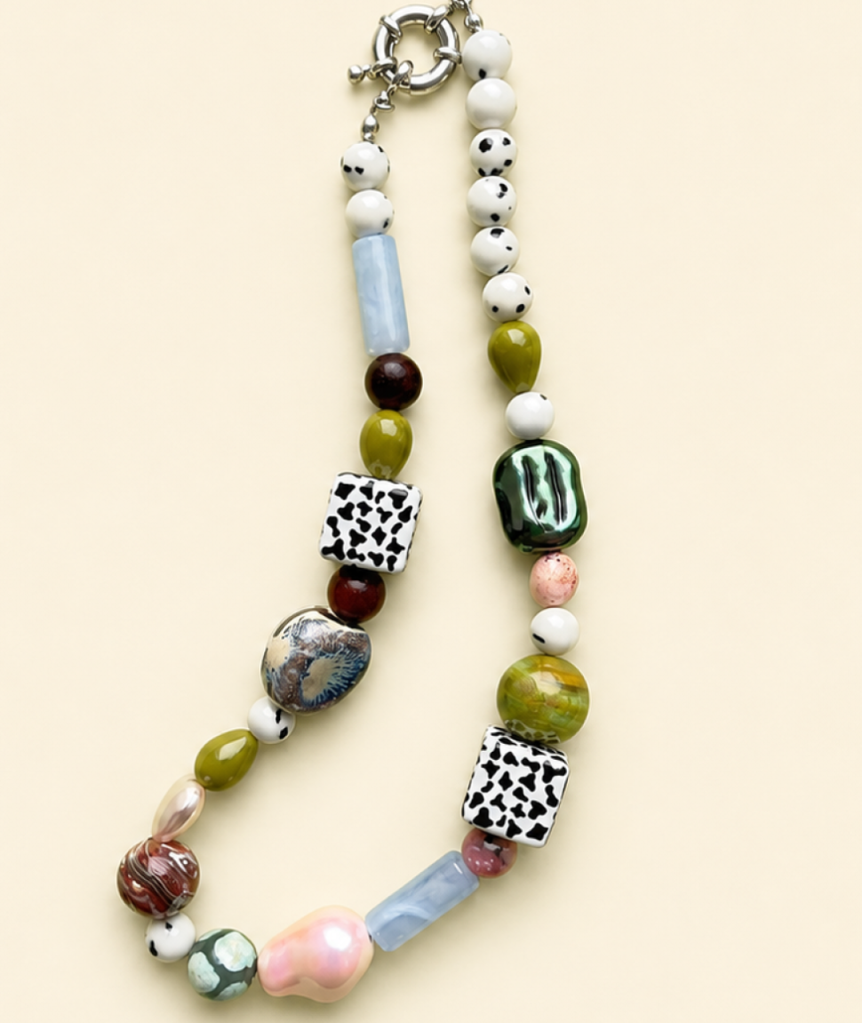 Beaded necklace with ceramic and glass beads