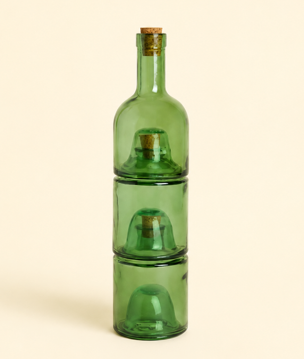 Stacked green glass bottle with cork